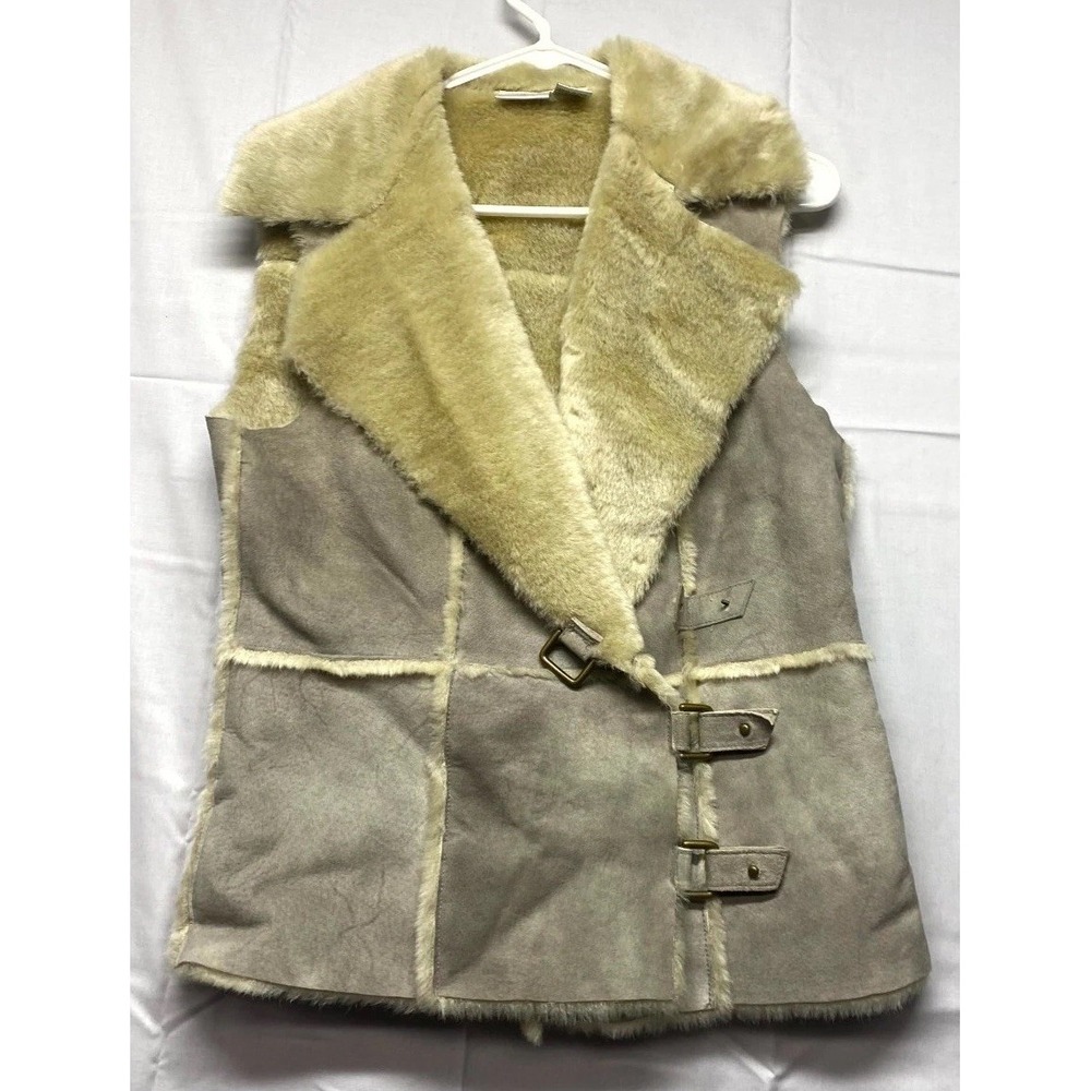 Vintage Newport News Shearling Vest Womens S Gray Leather Faux Fur Lined Buckle